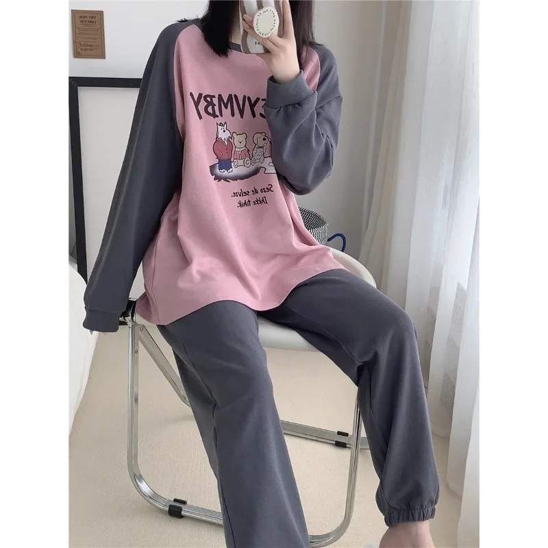 2024 New Derong Cute Cartoon Pajamas Women Autumn Winter Sleepwear Long Sleeved Pants Loungewear Set Loose Casual Homewear