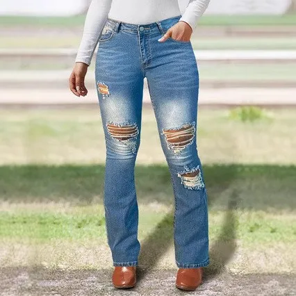 

Sexy Tight Denim Jeans Women's Hole Punching Elastic Casual Stand Size Jeans l Waist Other Sle Jeans