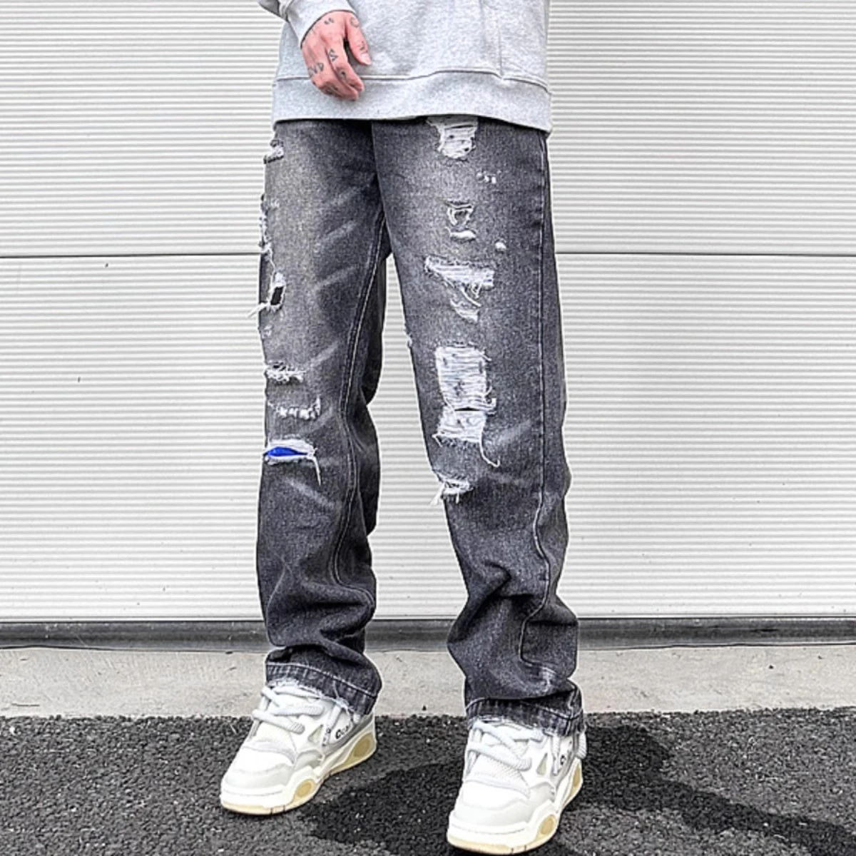 Y2K Frayed Hole Damaged Washed Black Baggy Jeans for Men Streetwear Straight Casual Denim Trousers Ropa Hombre Loose Cargo Pants