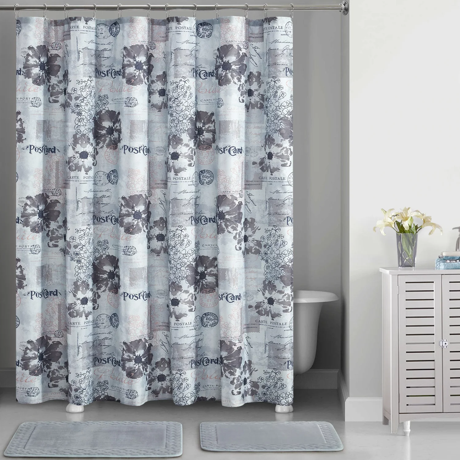 

Blue Postal Printed 15 Piece Shower Curtain Set, Polyester