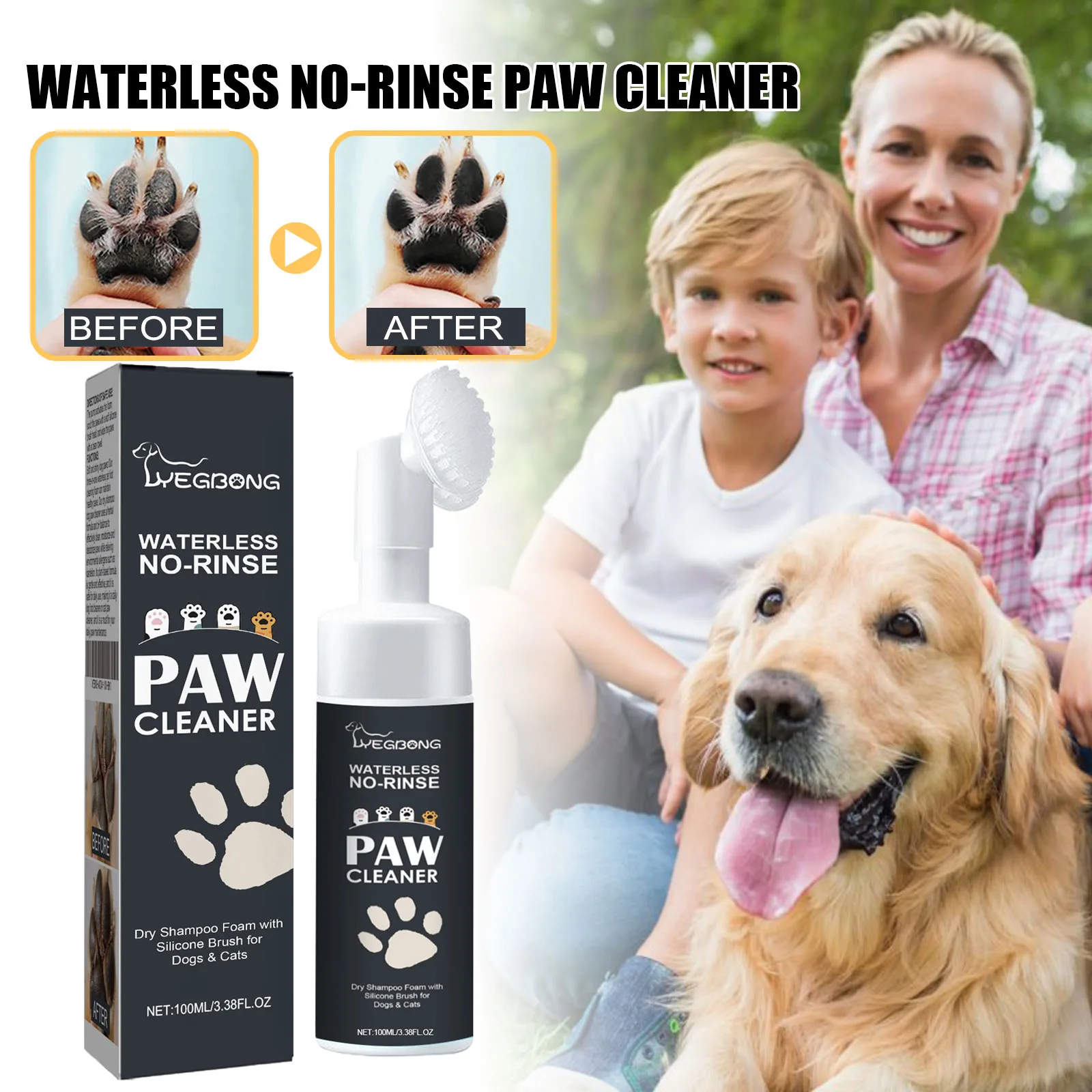Pet Paw Foam Cleaner No-Rinse Dry Shampoo Foam mit Bürste für Hund Katze Fußpolster Pflegemittel Schmutz Schlammentfernung Pfotenreiniger 100 ml