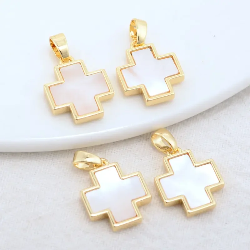 12,5*15MM 14K Gold Farbe Messing mit Shell Kreuz Charms Anhänger Halskette Ohrringe Schmuck Machen Liefert Zubehör