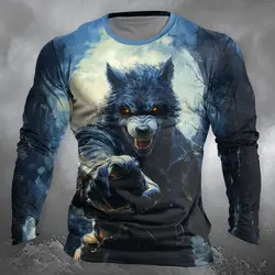 Fashion Wolf Pattern Men's Long Sleeve T-shirt Autumn New Casual O-neck Pullover Funny 3D Animal Print Tops Unisex Clothes