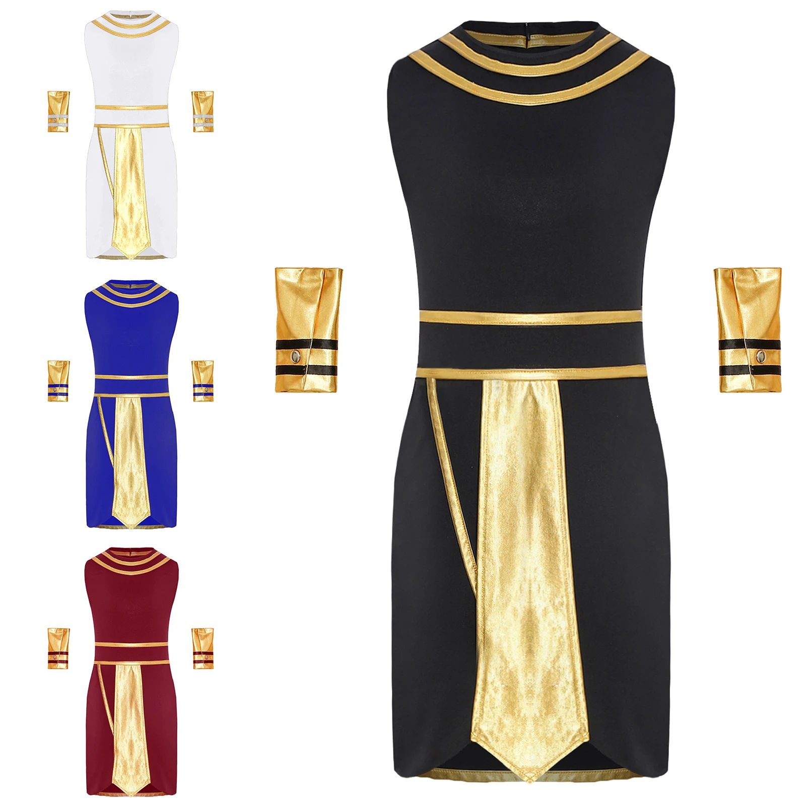 Kids Boys Halloween Egyptian Pharaoh Ancient Egypt King Cosplay Costume Sleeveless Robe with Cuffs for Theme Party Carnival