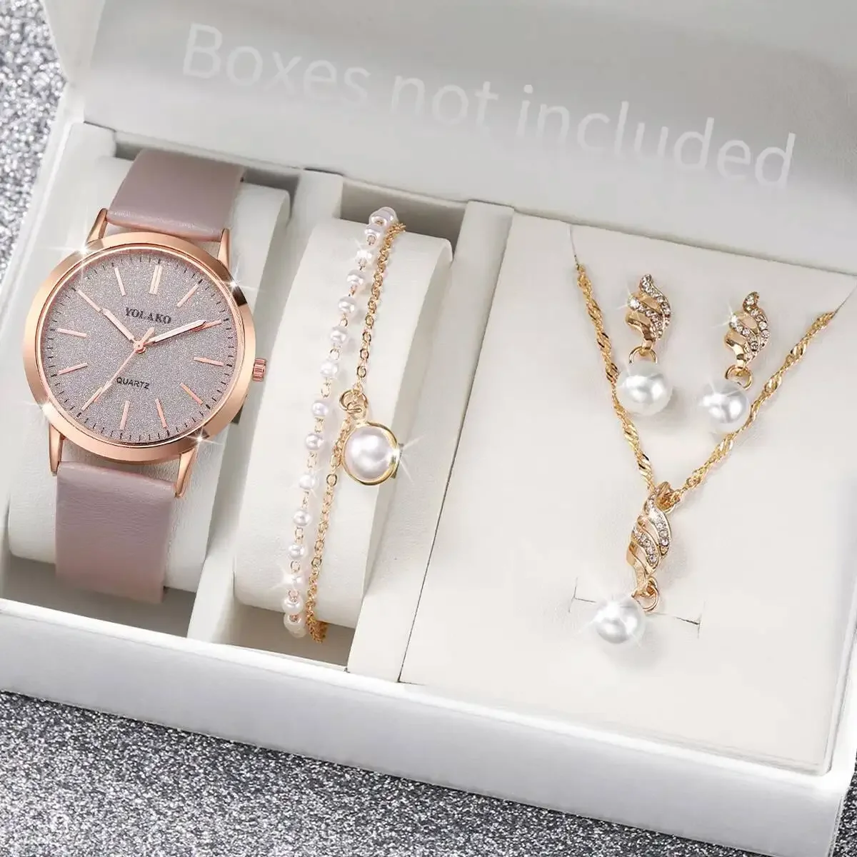 5PCS/Set Fashion Women Watches Simple Leather Strap Quartz Wristwatch Pearls Jewelry Set Reloj MujerWithout Box