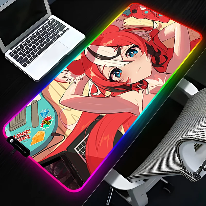 RGB LED Mouse Pad Computer Gamer Accessories Mouse Mat Rubber HD Keyboard Pad Non Slip H-hololive Hakos Baelz Mousepad Desk Mat