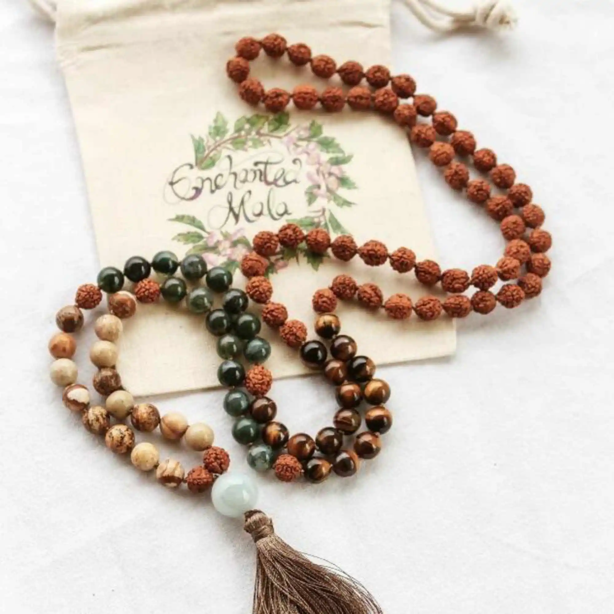 8mm brown Rudraksha Tiger's Eye Moss Agate Jasper 108 knot Necklace Bless Diy Gift Energy Stress Seven Chakras Pray Mala Yoga view 4