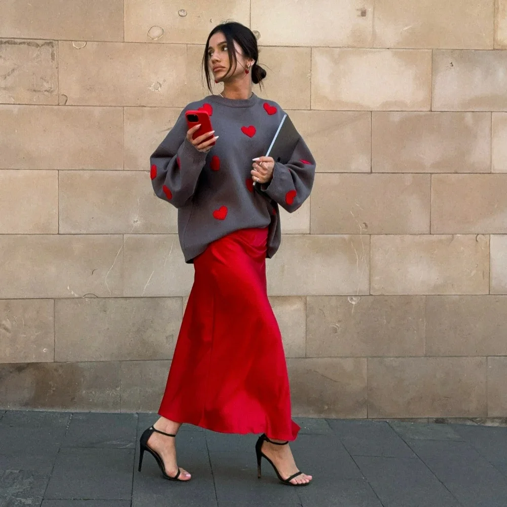 

FDEY женский свитер с вышивкой в виде сердца, пуловер с круглым вырезом, вязаный свитер, свободный простой свитер с базовым слоем, осень и зима