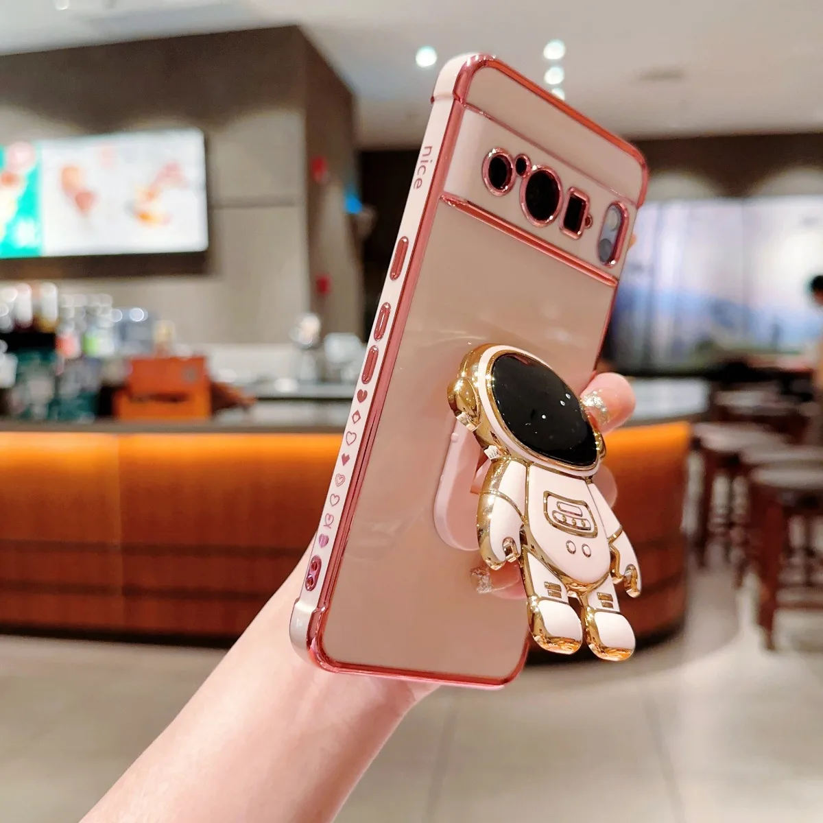 Cute Astronaut Fold Holder Phone Case for Google Pixel 8 9 10 Pro XL 10A 9A 8A 7A Luxury Plating Silicone Soft Shockproof Cover