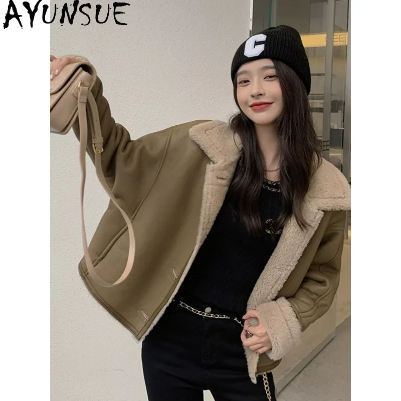 

Женская зимняя куртка AYUNSUE из овчины мериноса в мотоциклетном стиле, кожаная и меховая верхняя одежда, короткие топы для женщин