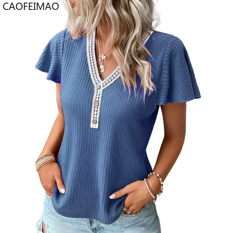 Women's T-shirt New In Summer Lace Stitching V Neck Tshirt Elegant and Chic Casual Short Sleeve Solid Colors Lady Clothing Tops