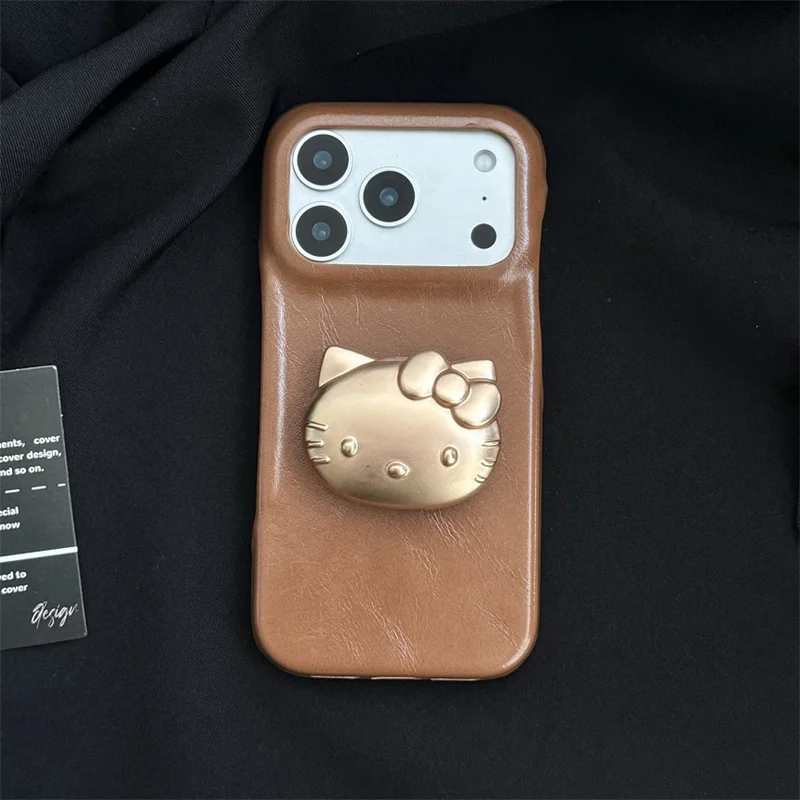 حافظة هاتف جلدية بنية عصرية لهاتف آيفون 17 برو 16 15 14 برو ماكس مع حامل هلوكيتي ذهبي حافظات حماية لطيفة فوندا #3