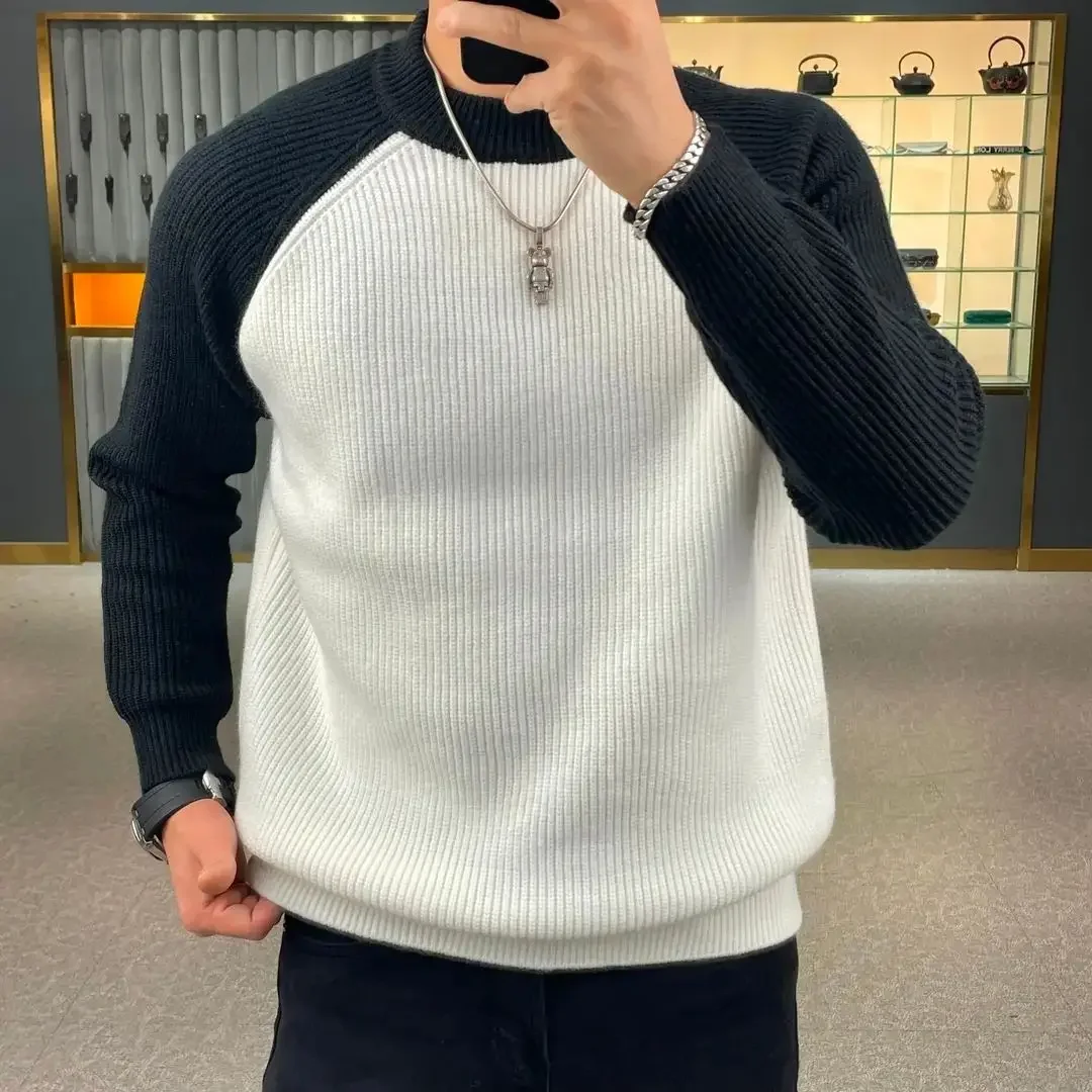 Jersey bloqueado de color cálido a la moda de otoño e invierno, suéter básico suelto e informal para hombres europeos y americanos