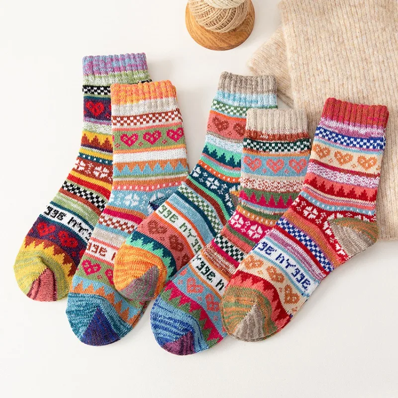 

5 Pairs Women Calf Socks Retro Ethnic Socks Women Socks Autumn Winter Thickened Warm Soft Comfortable Fashion Middle Socks
