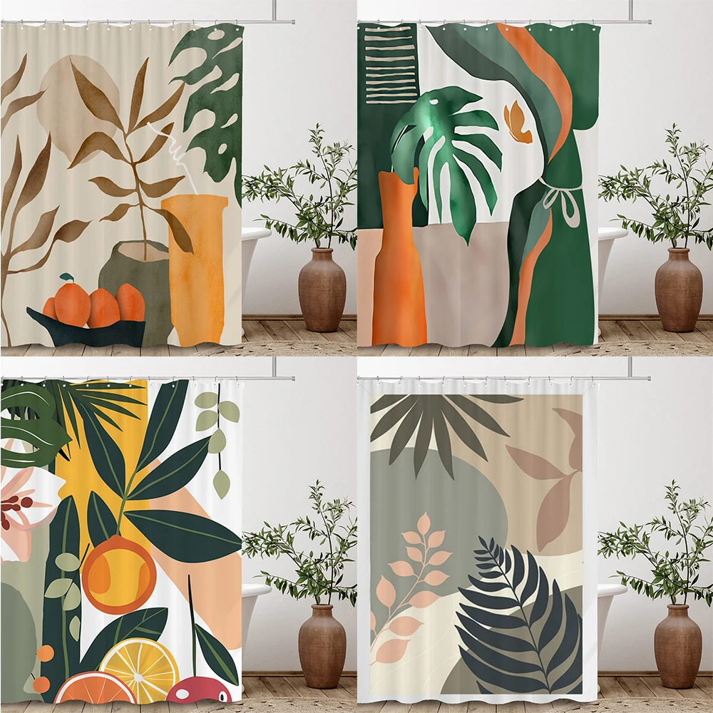 

Green Shower Curtain Abstract Bohemian Medieval Leaves Bathroom Curtain , Plant Palm Leaf Shower Curtain Bath Accessories