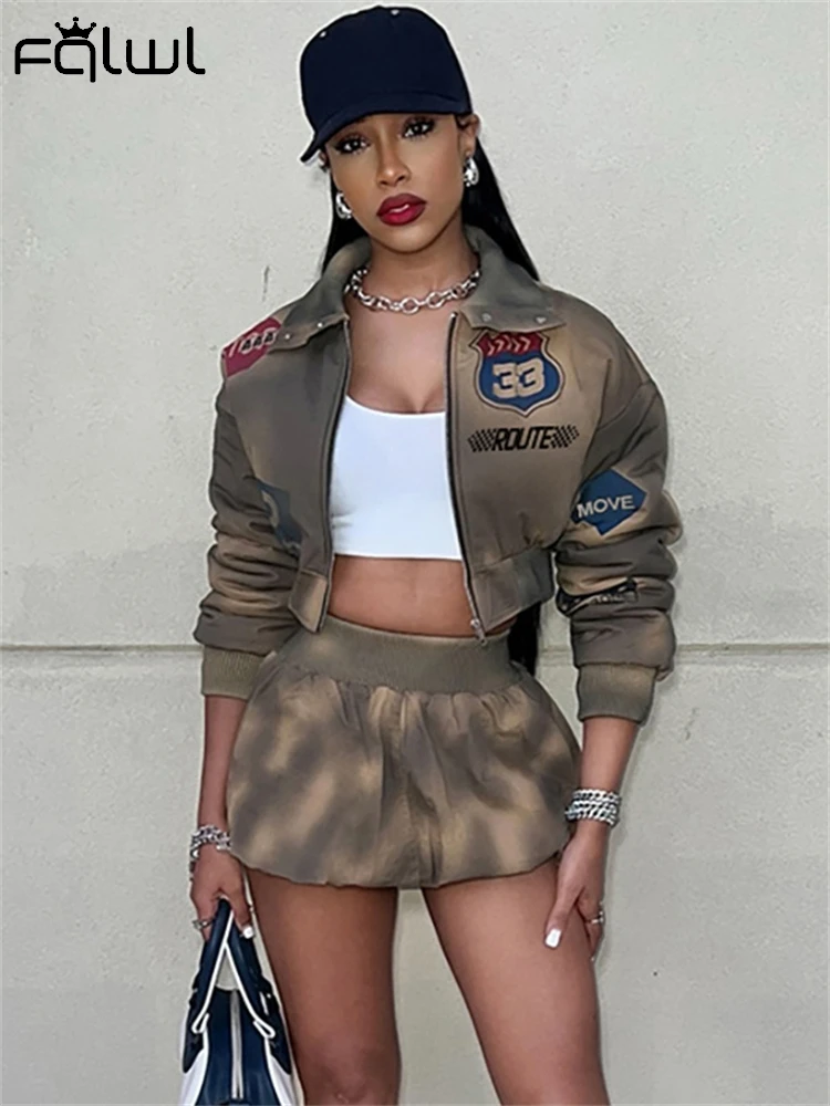 Habbris Winter Trendy Washed 2 Piece Bomber Skirt Set Vintage Party Outfits Women 2024 Graphics Zip Up Cropped Jacket+Mini Skirt