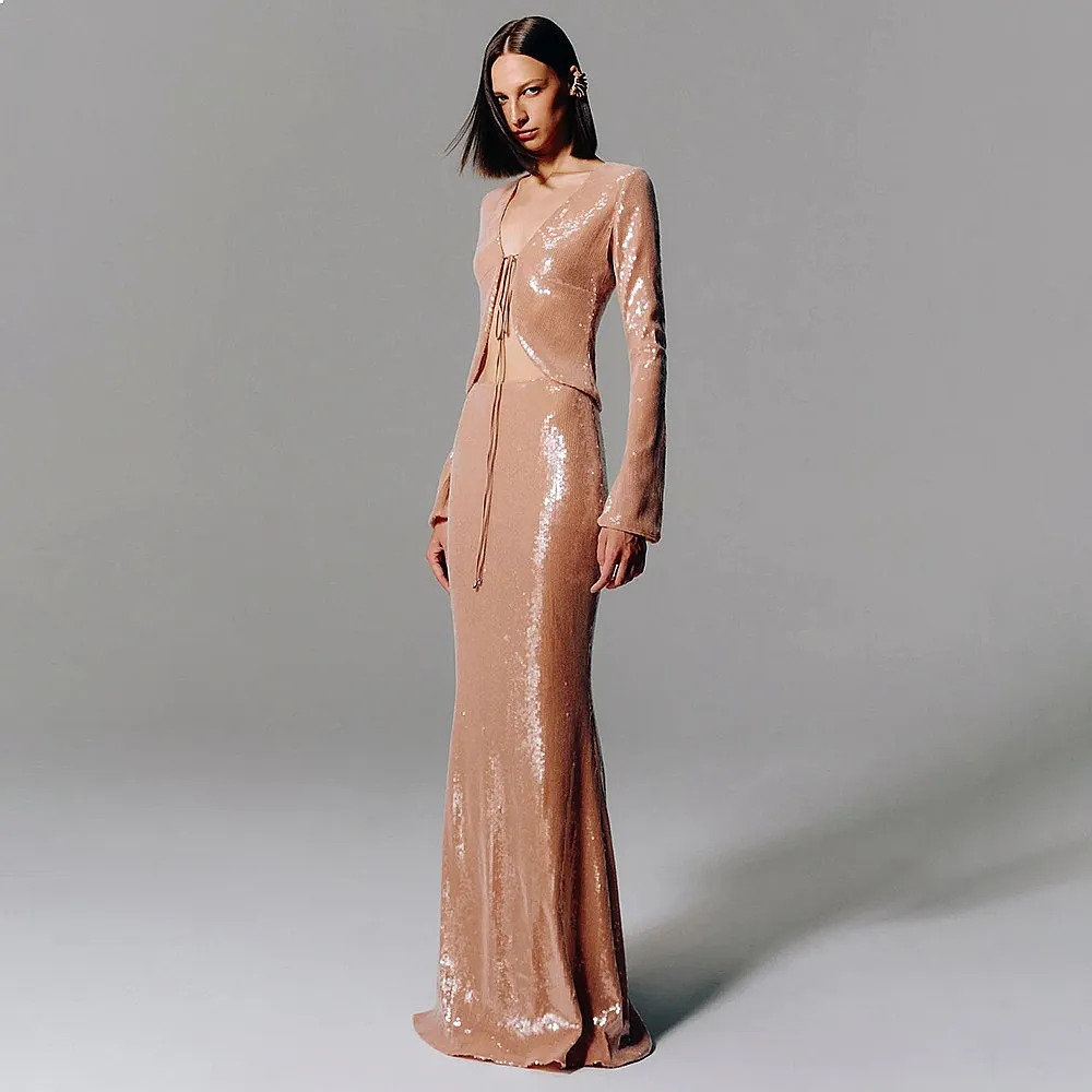 Luxury Dark Brown Sequin Evening Dress V-Neck Tie Waist Bodycon Mermaid Gown Party Cocktail Dresses