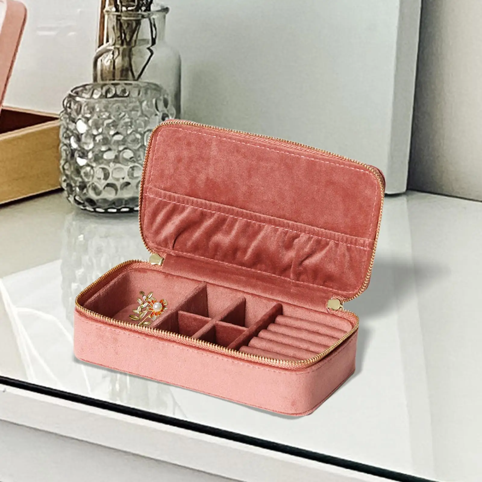 Jewelry Box Organizer Dual Zippers Multifunctional for Stud Bracelets Girls Pink