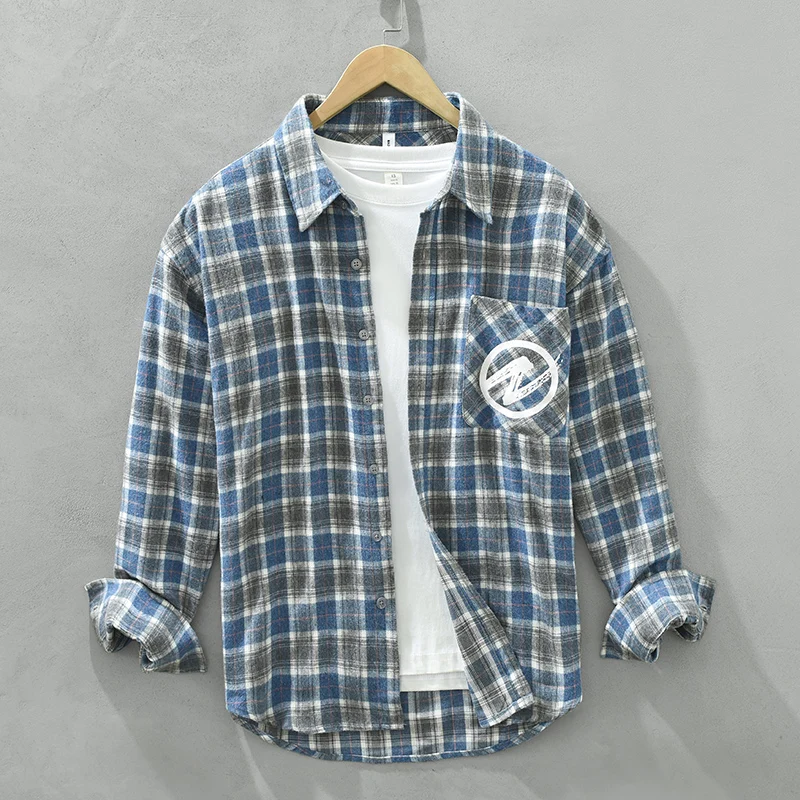 

Осенняя мужская модная тенденция в британском стиле, деловая клетчатая рубашка из чистого хлопка с дышащей молодежной удобной тонкой повседневной рубашкой, пальто