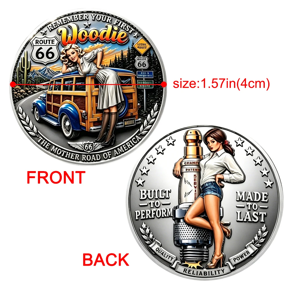 1pc Route 66 US Mother Road Commemorative Coin Retro Road Trip & Pin-Up Style Challenge Coin Souvenir Gifts for Collectors