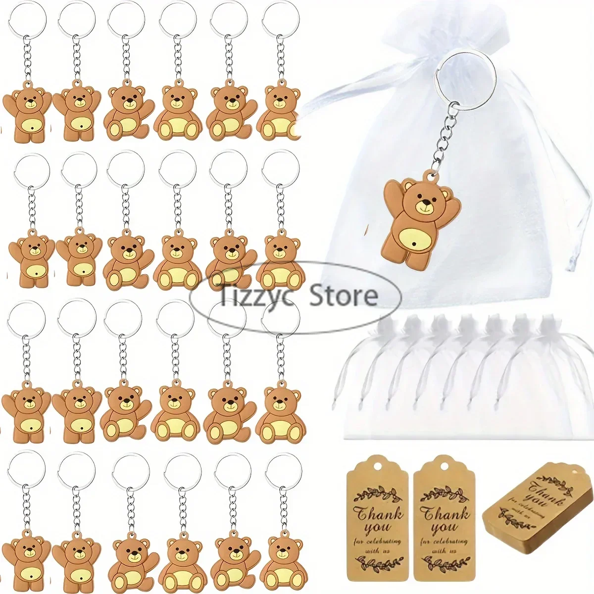 10Set 20PCS Baby Shower Souvenirs Gift for Gueset Bear Keychain with Organza Bag Thank You Kraft Tag Kids Birthday Party Favors