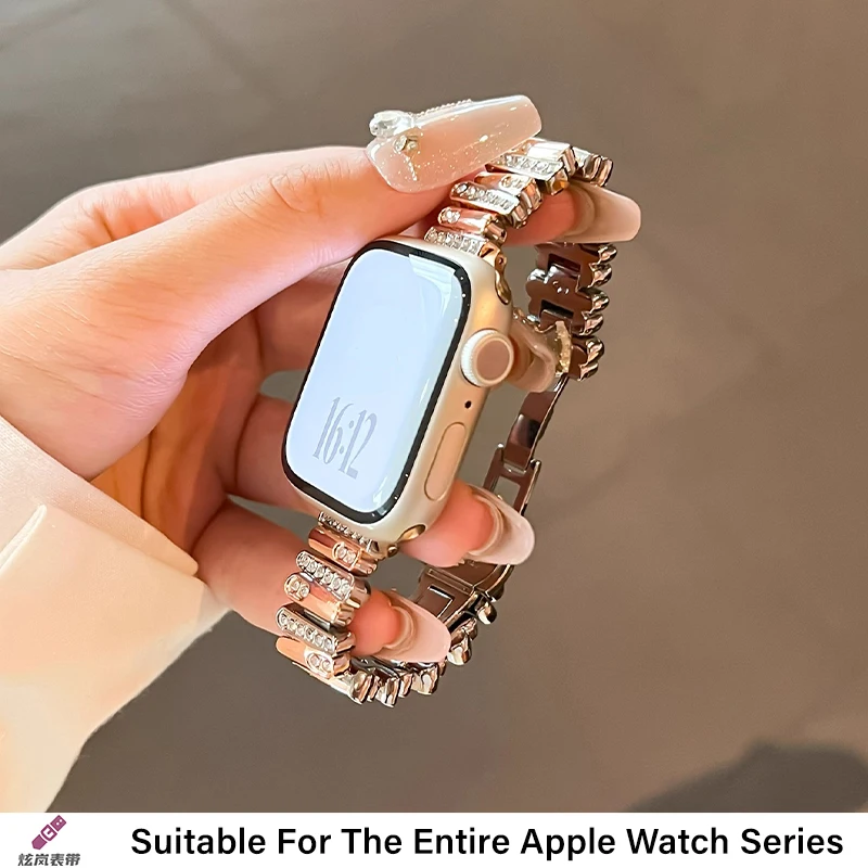 สายนาฬิกาสแตนเลสโลหะที่ไม่สม่ําเสมอพร้อมหัวเข็มขัดผีเสื้อเพชรฝังตัวสําหรับ Applewatch Steel Slim Strap สําหรับ iwatch