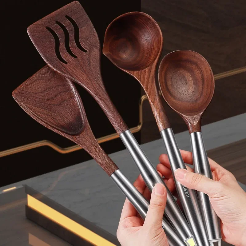 Walnut 304 Stainless Steel Kitchenware Set For Kitchen Household Kitchen Spoon Thickened Non-stick Pan Spatula Novel Accessories