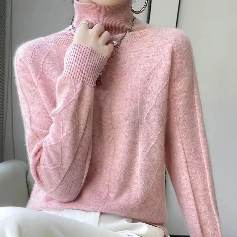 여성용 니트 터틀넥 스웨터, 루즈한 캐주얼 긴팔 풀오버, 두꺼운 따뜻한 스웨터, 2024 신상 한국 스타일 패션