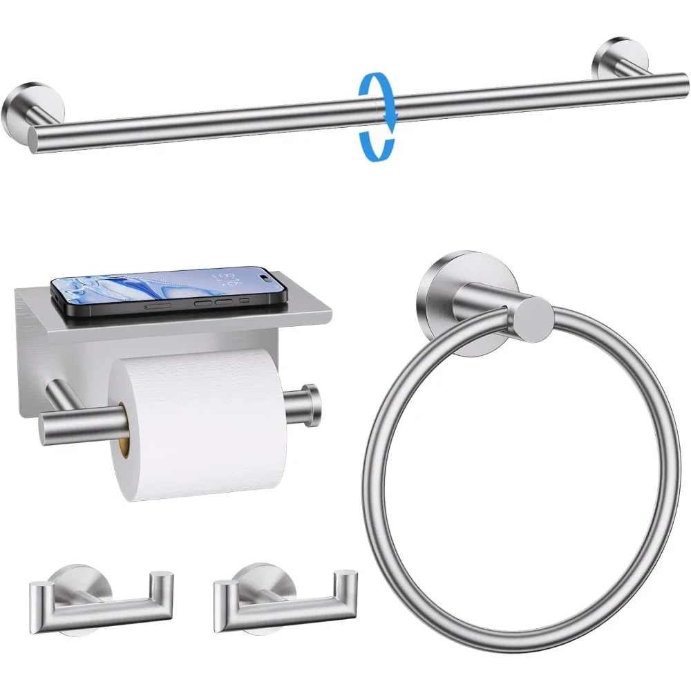 

5-Piece Brushed Nickel Towel Bar Set with Shelf, Stainless Steel Wall Mounted Bathroom Hardware, 23.6 Inch