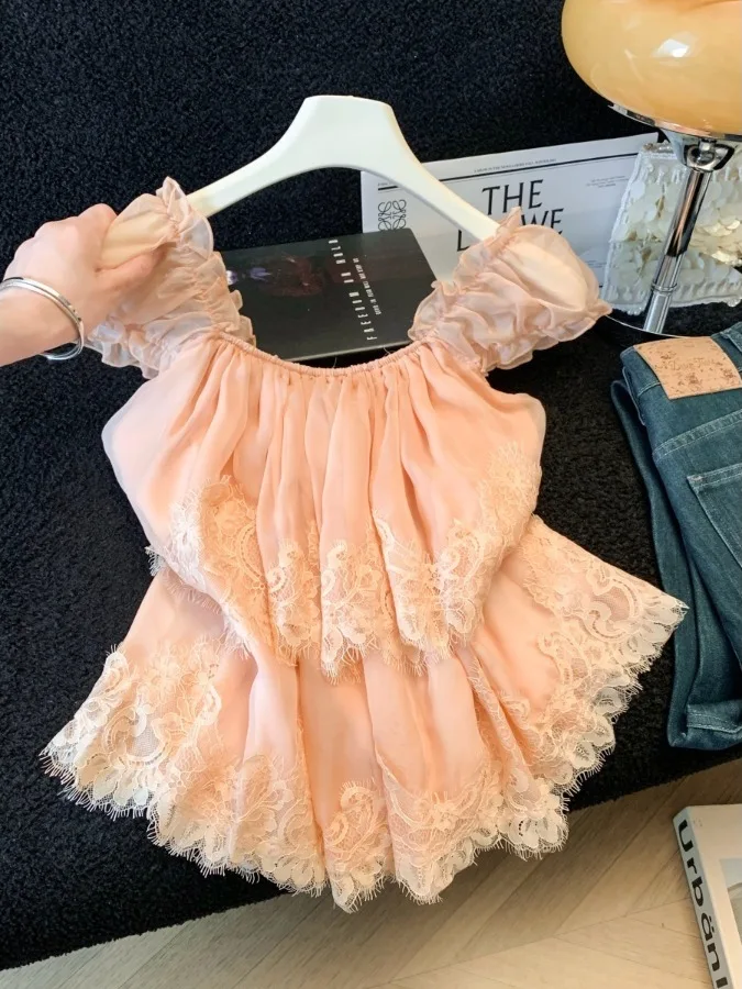 

Slimming Korean Style Women's Summer Shirt Lace Patchwork Bubble Sleeve Chiffon Top Design Sense Small Capital Beautiful