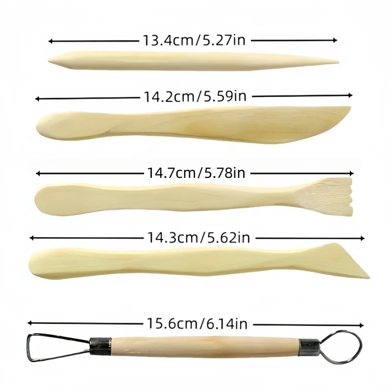 5Pcs Wooden Handle Clay Carving Set, Pottery Sculpting Tools for Beginners, DIY Ceramic Art & Craft Supplies
