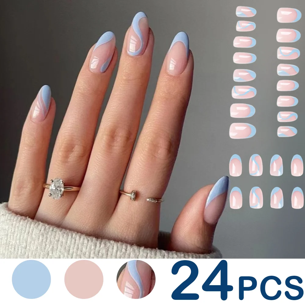 

24Pcs French Blue Wavy Press On Nails Glossy Short Round Fake Nails Slender Almond Simple Daily Wearable