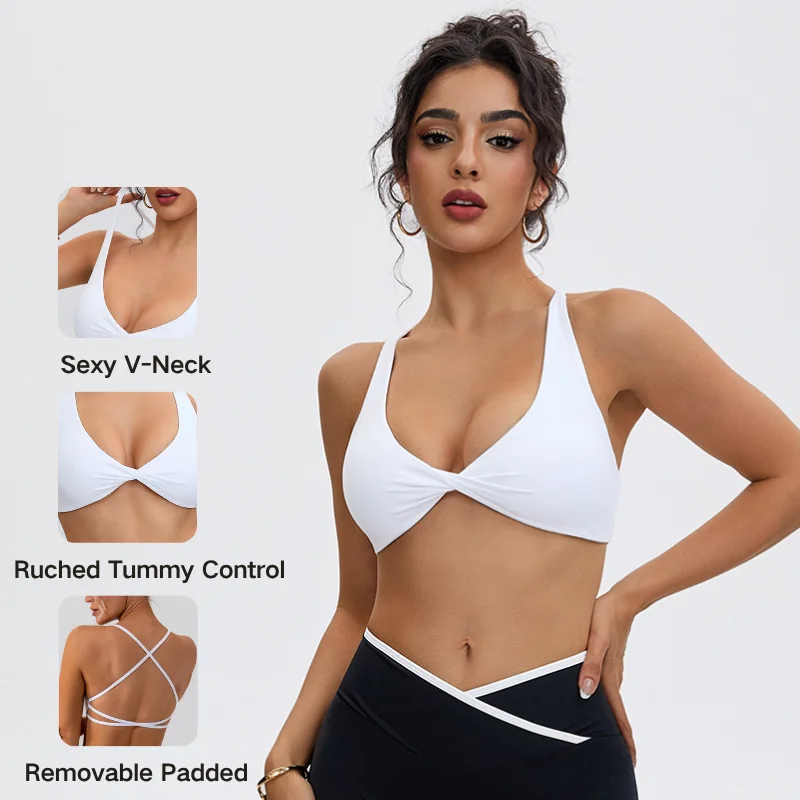 Anfilia Women Sports Bra Sexy Twist Solid Built-in Bras Crisscross High Elastic Straps Fitness Gym Yoga Running Sports Bras