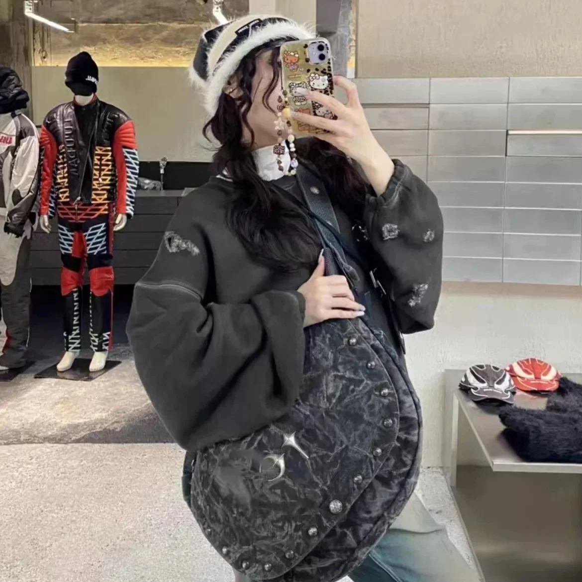 

Thug Club FW24 Double-Sided Rivet Waed Vintage round Ne Loose Hoodie ex Youth Casual Sle Fce Lined Sweatirt