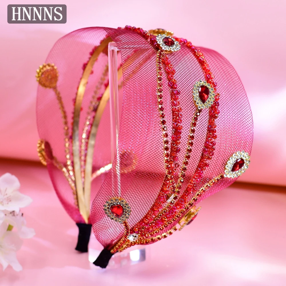 

HNNNS Vintage Bridal Hair Accessories Red Mesh Wide Headband Shiny Rhinestone Headdress Wedding Banquet Hair Decoration A149