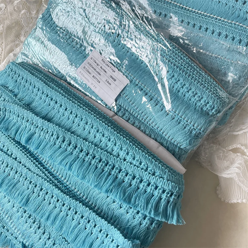 3.5CM Wide Blue Cotton Thread Needlework Lace Fabric Weaved Fringe Ribbon Curtains Apparel DIY Crafts Sewing Tassel Material