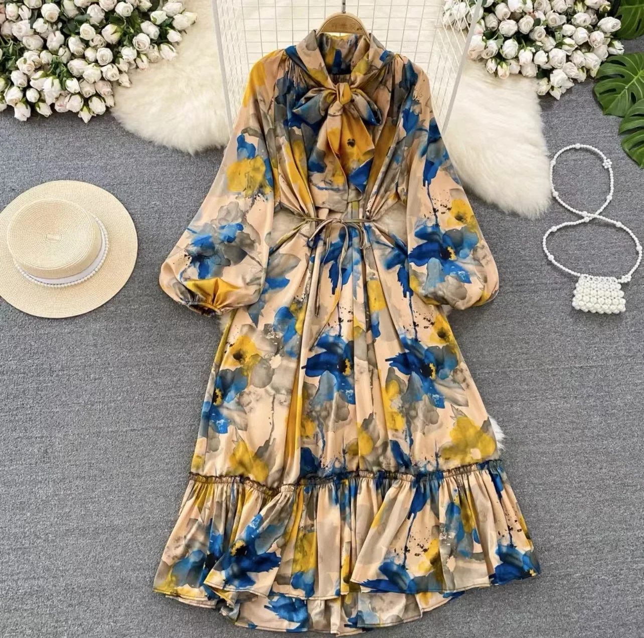 Women Floral Print Dress A Line Long Dresses Casual Slim Party High Waist Round Neck Short Sleeve Lace Up Bow Pleated Vestidos