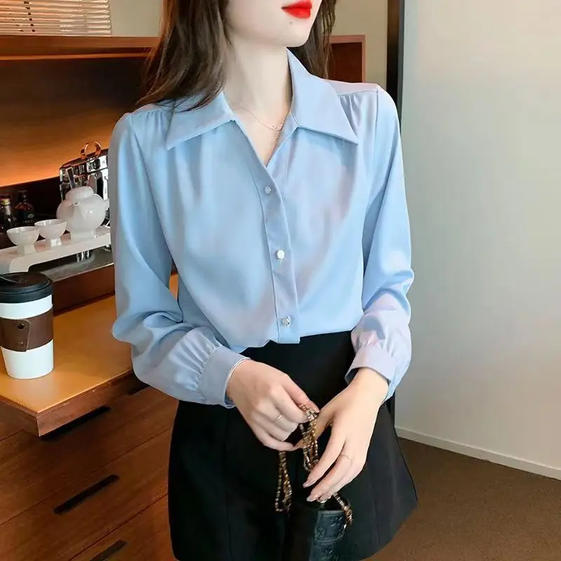 

Long Sleeve Shirts Womens Chiffon Oversized Button Down Tops Pleated Hem Lantern Sleeves Slim Fit Preppy Feminine Retro French