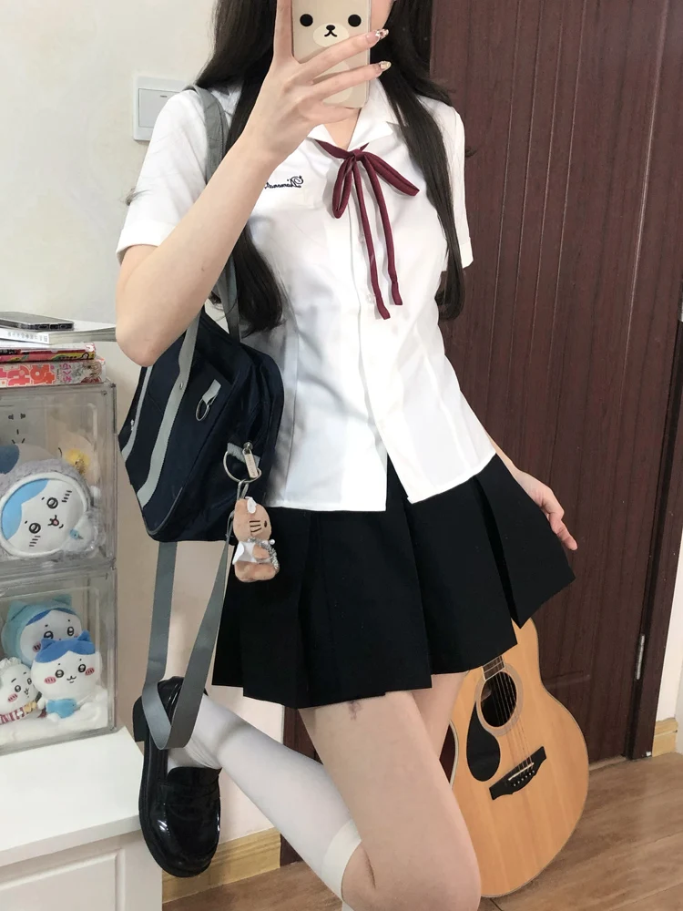 Tokyo Seasonal Record JK Uniform Short Sleeve Shirt Waist Cinching Black Skirt Women Summer Set Sweet School Style Fashion
