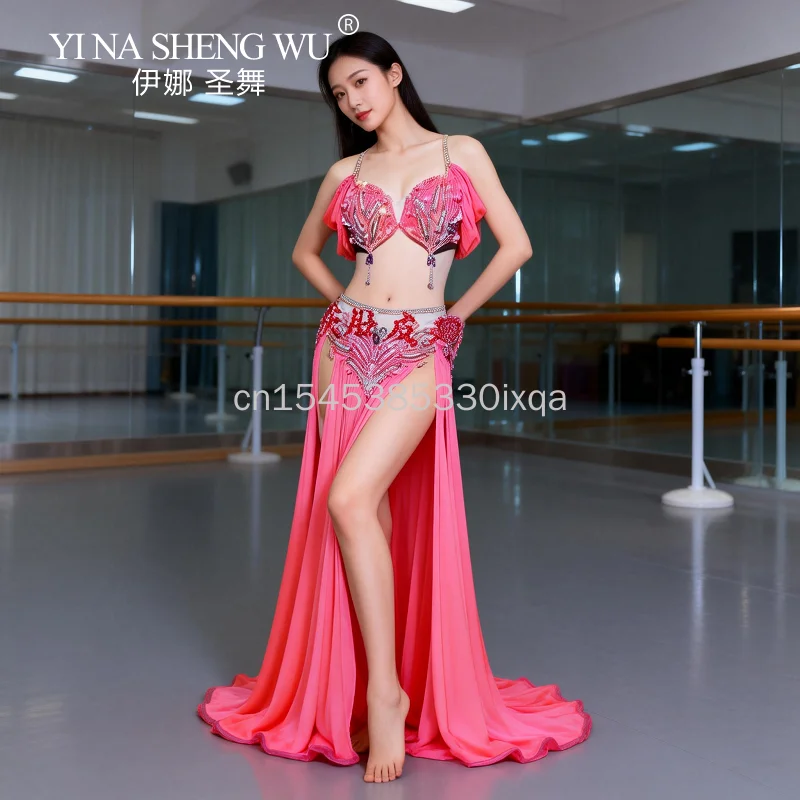 BellyDance Costumes Suit Women's Customized Diamond Tassels Bra+Satin Split Long Skirt 2pcs Oriental Dance Performance Costumes