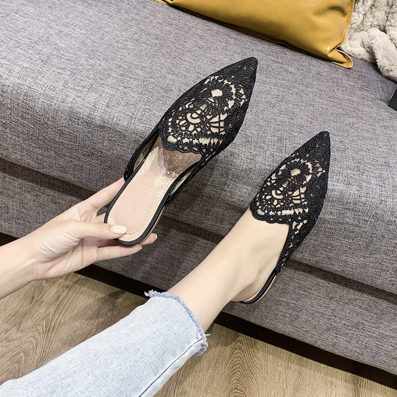 Fashion Baotou Half Slippers Women Wear Net Fabric Embroidery New pointy Lace Mesh Pointy Flat Muller Shoes