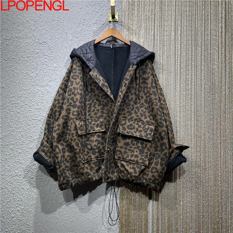 Thick Velvet Warm Jacket Women\'s 2024 Winter New Hooded Denim Leopard Print Loose Oversized Lamb Wool Jacket Women\'s Coats