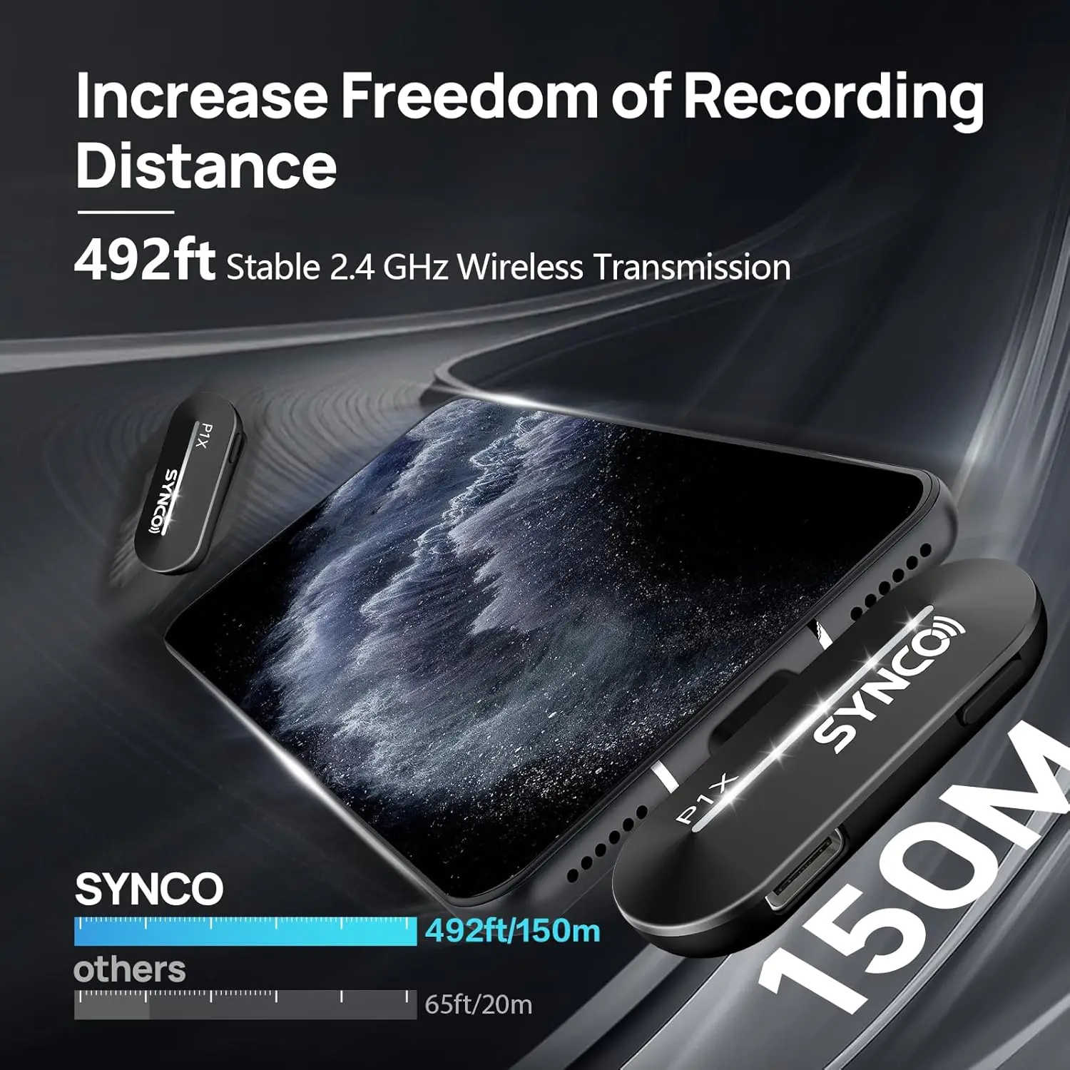 ميكروفون لاسلكي SYNCO لهاتف iPhone 15/16/17 وAndroid 48 كيلو هرتز/24 بت جودة صوت HiFi P1XT ميكروفون صغير لـ Tiktok YouTube