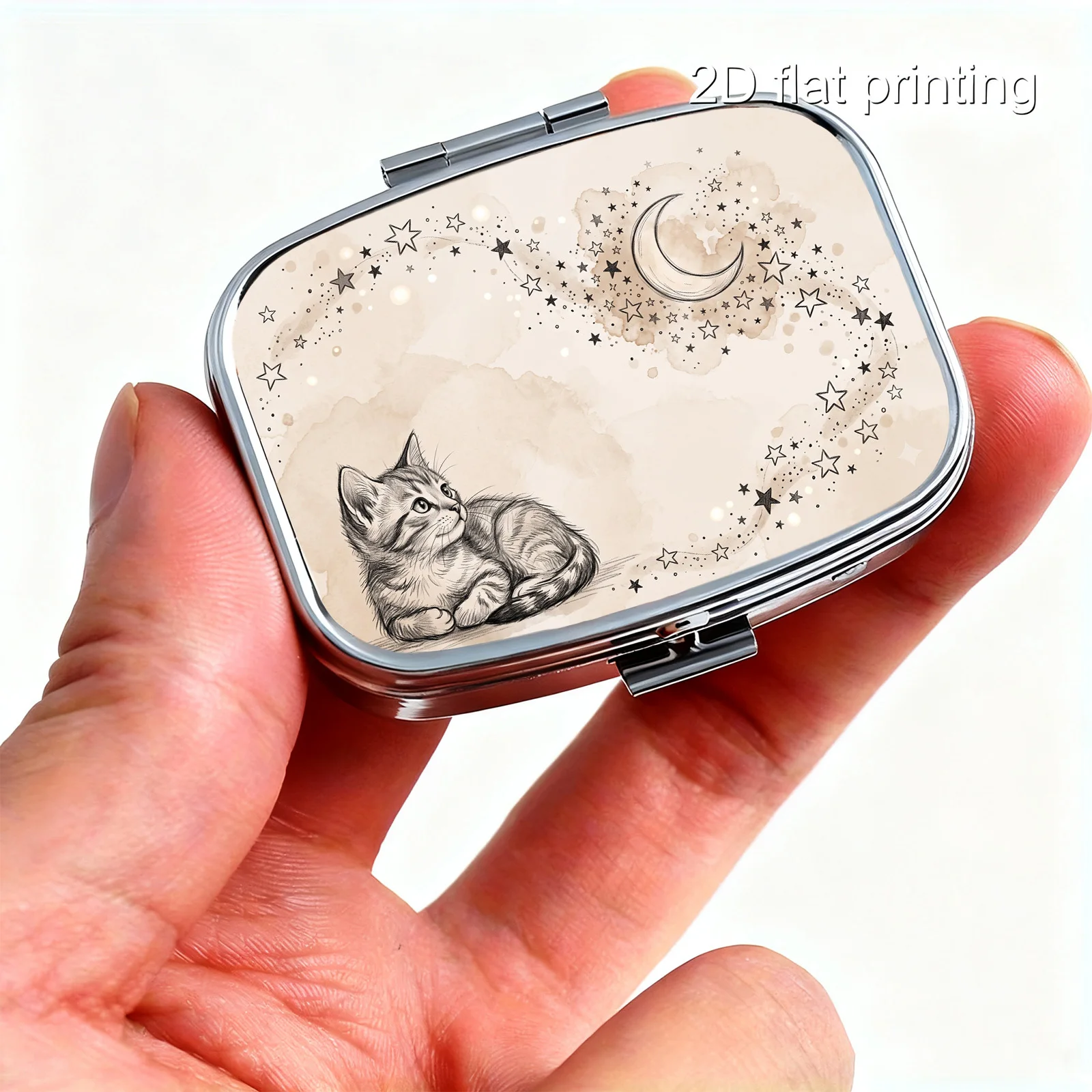 Single-Pack, Flat-Printed, Portable Mini Double-Compartment Pill Box, with Cute Sketch Prints of Crescents, Stars, and Tabby Kittens, Travel Medicine Organizer, Sealed and Moisture-Proof, Capsule Vitamin Storage Box, Portable Small Pill Case
