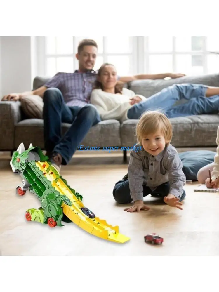 

090B Engaging Dinosaur Transport Truck With Race Car Fun Slide Swallow Function