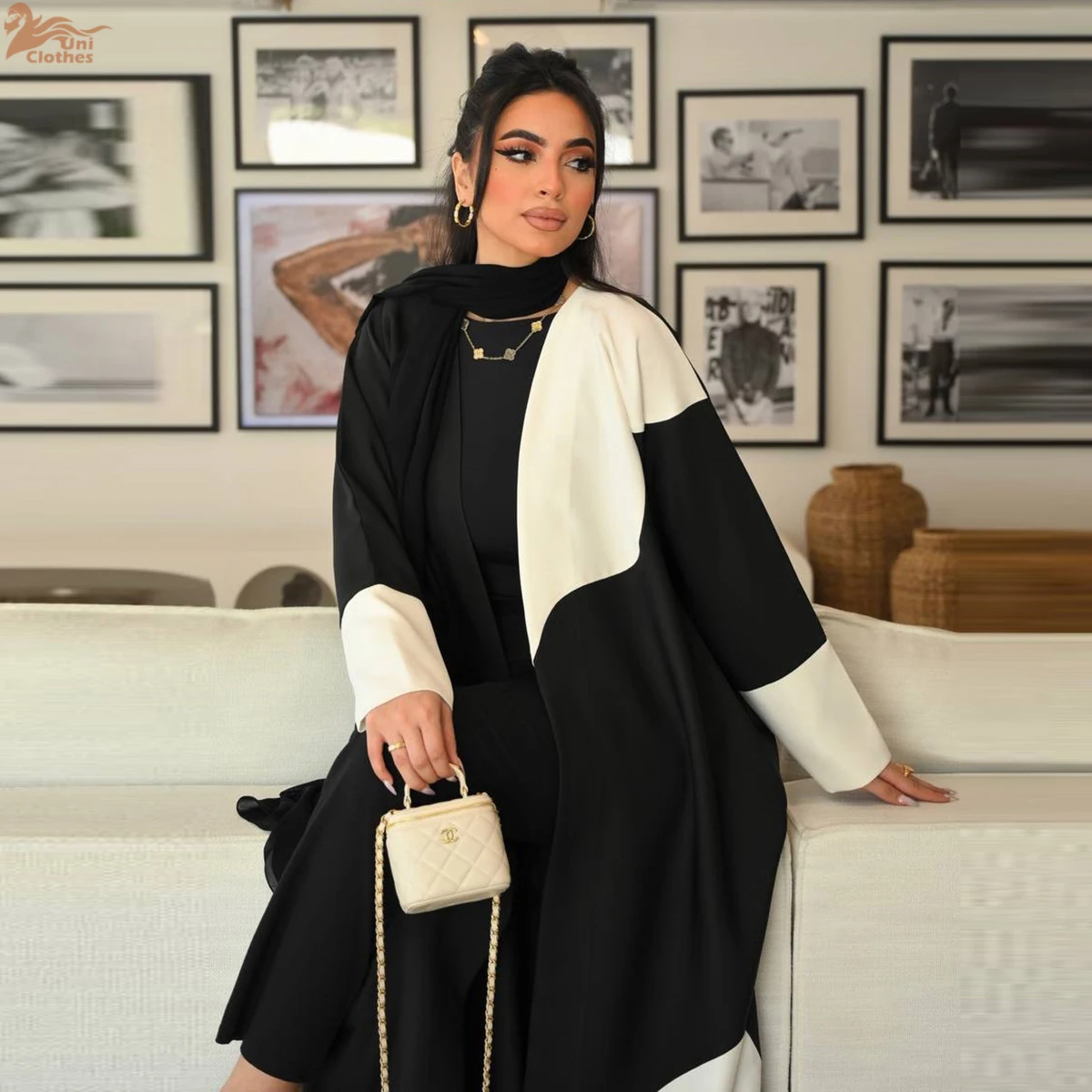 2026 Summer New Modest Black White Contrast Color Block Long Cardigan Coat Women Open Abaya Muslim Fashion Islamic Clothing