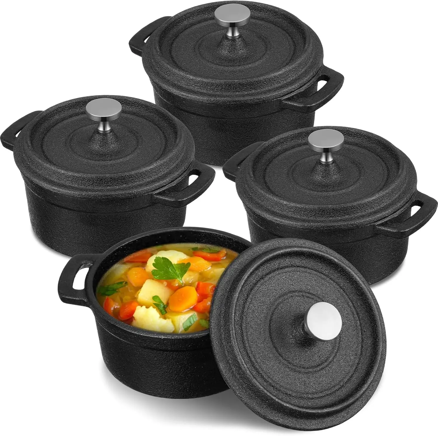 

4-Pack Mini Cast Iron Dutch Ovens with Lids, 17 oz Each, Black, for Stovetop, Oven, and Camping