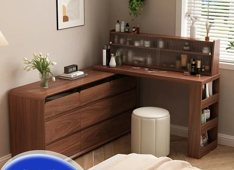 Solid Wood Corner Dresser with Makeup Shelf Small Space Bedside Cabinet Desk Chest Combo Apartment Bedroom Storage Furniture