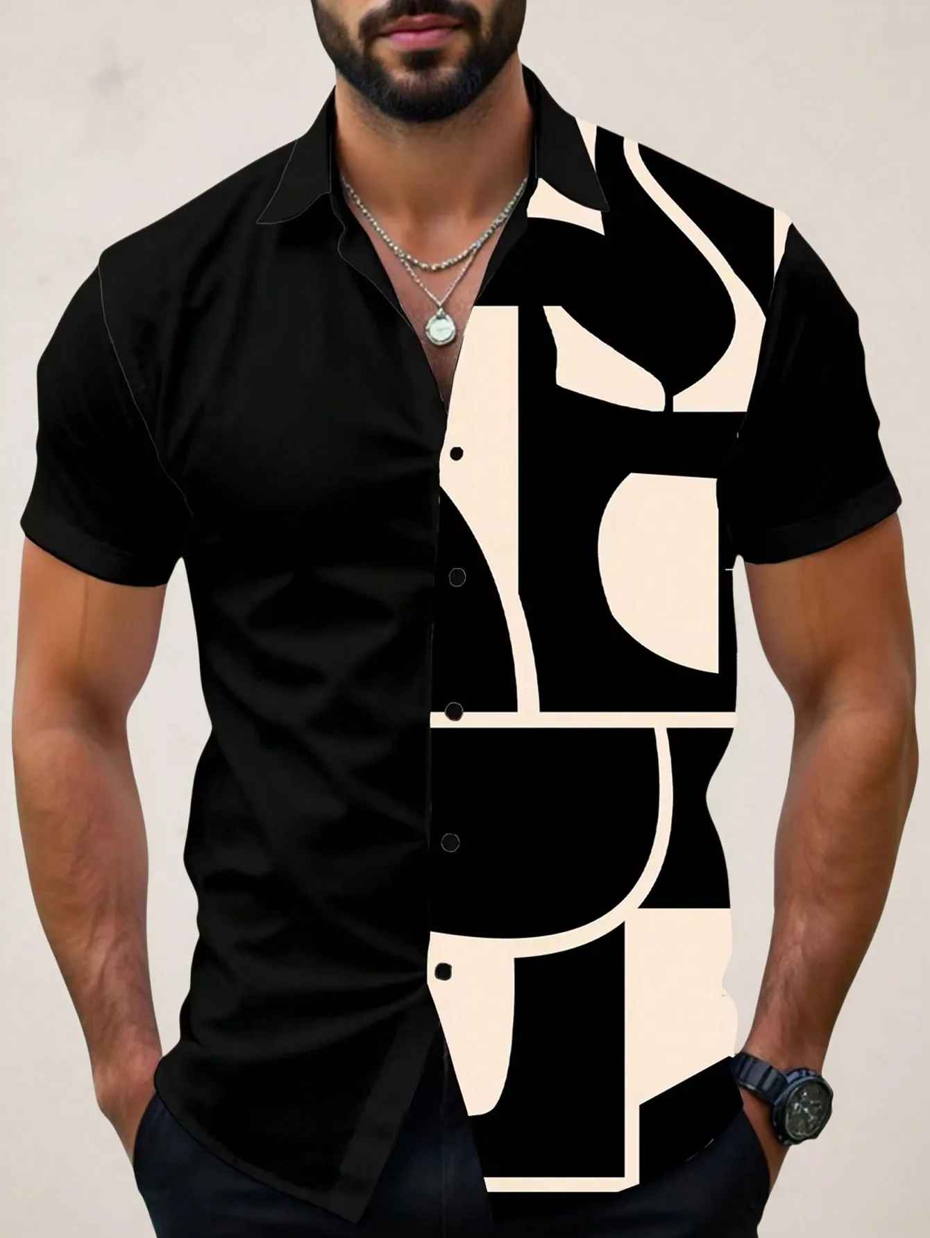 

Men's Slim Fit Short Sleeve Button-Up Shirt with Black and Cream Geometric Print