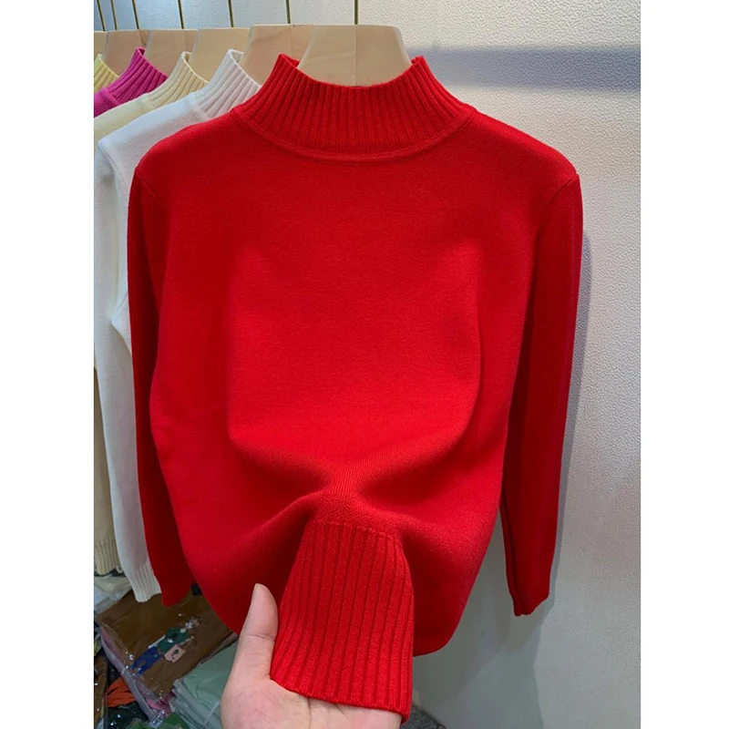 Casual Basic Sweater Women Solid Mock Neck Knitted Pullover Oversized Long Sleeve Knitwear Top All Match Autumn Winter Jumper
